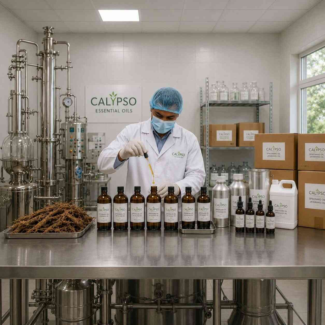 Spikenard Oil supplier with Jatamansi roots and amber bottles
